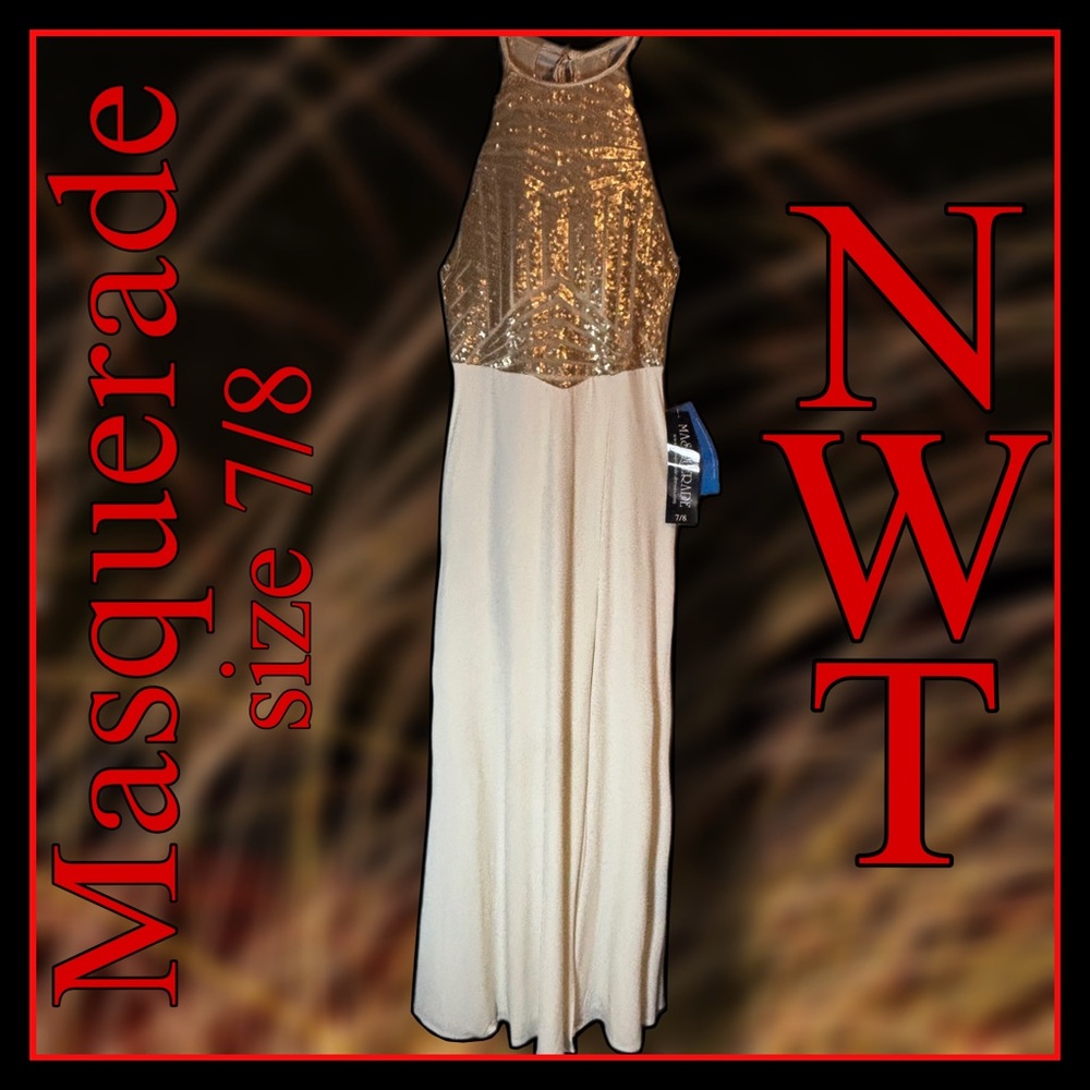 NWT MASQUERADE cream and gold sequins halter prom DRESS size 7/8